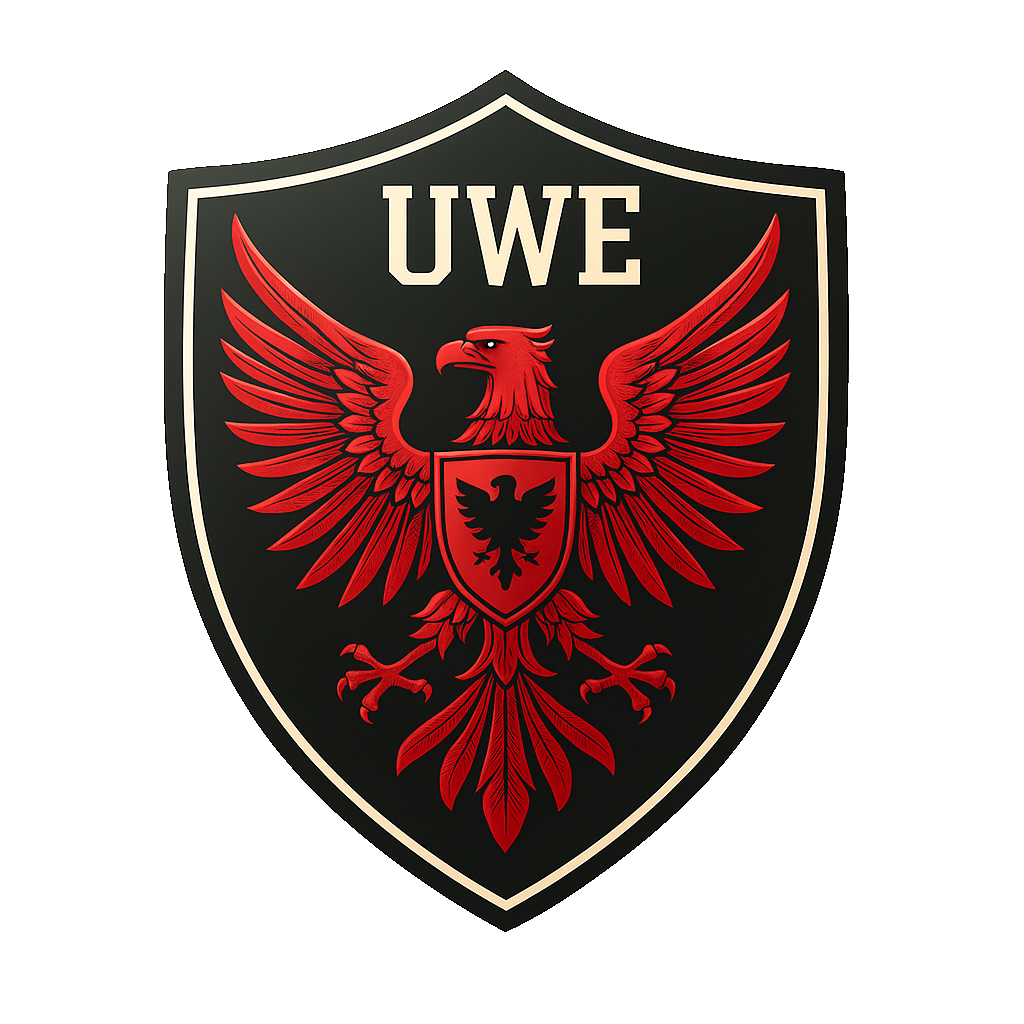 UWE logo featuring a red heraldic eagle on a black shield